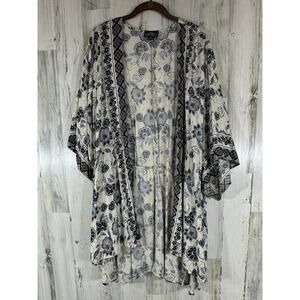 Angie Kimono Top Size Medium Blue‎ Black Floral Tie Back Oversized Breezy Flowy